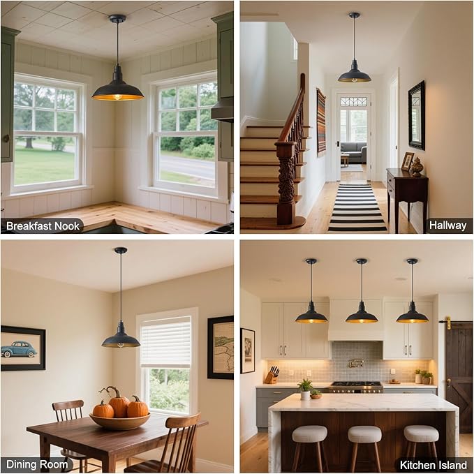 Farmhouse Pendant Lights with Large 14 Inch Dome, Barn Style Hanging Light Fixture for Kitchen, Dinning Room, Black Ceiling Mount Lighting for Indoor and Outdoor Use, Height Adjustable
