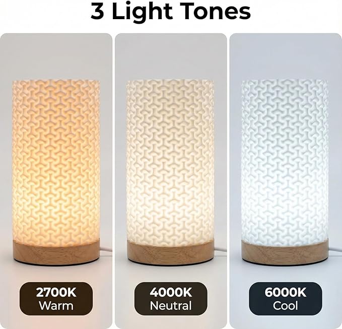3D Printed Mini Lamp, Small Bedside Lamp with 3-Color Dimmable LED, Small Nightstand Lamp for Tight Spaces, Beautiful Lamp with Wooden Base - Bubble