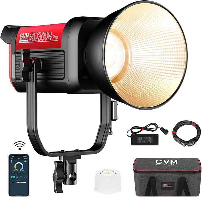 GVM LED Video Light with Bowens Mount, 300W Bi-Color Continuous Light with DMX/APP Control, Photography Lighting for Video Recording, SD300B Studio Lights 65000Lux/1m, CRI97+, 12 Effect, 2700-6800K
