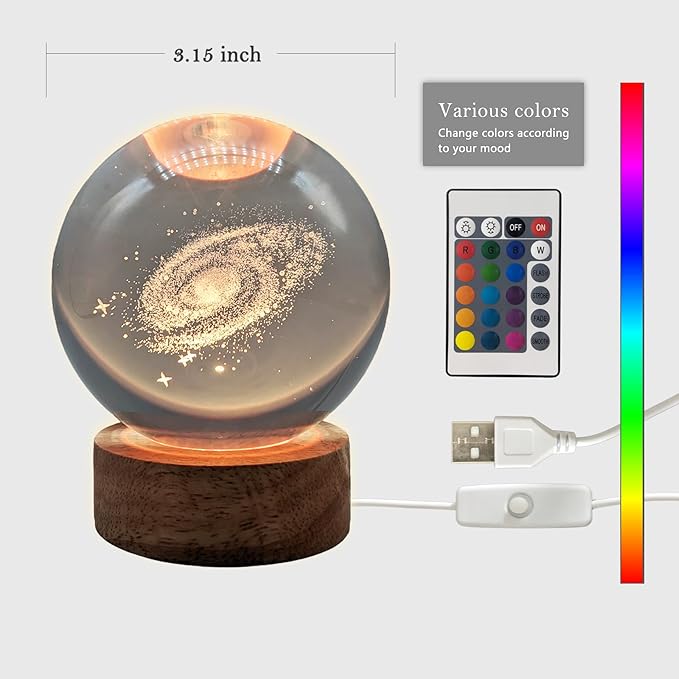 3D Galaxy Crystal Ball Night Light & Planet Lamp - 3.15" Glass Sphere, Automatic Color Change with 16 Colors & 4 Modes - Ideal Decorative Gift for Boy Girls Friends (2-Galaxy, 3.15" (Inch))