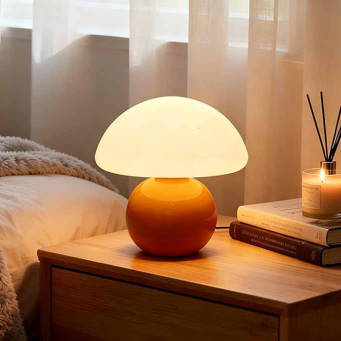 3-Way Dimmable Orange Mushroom Lamp - Plug Powered Small Desk Table Lamp with Dimmable Ambient, Night Light for Bedroom, Office,Nursery,Home Living Room Decor, Gift for Kids Teens & Adults