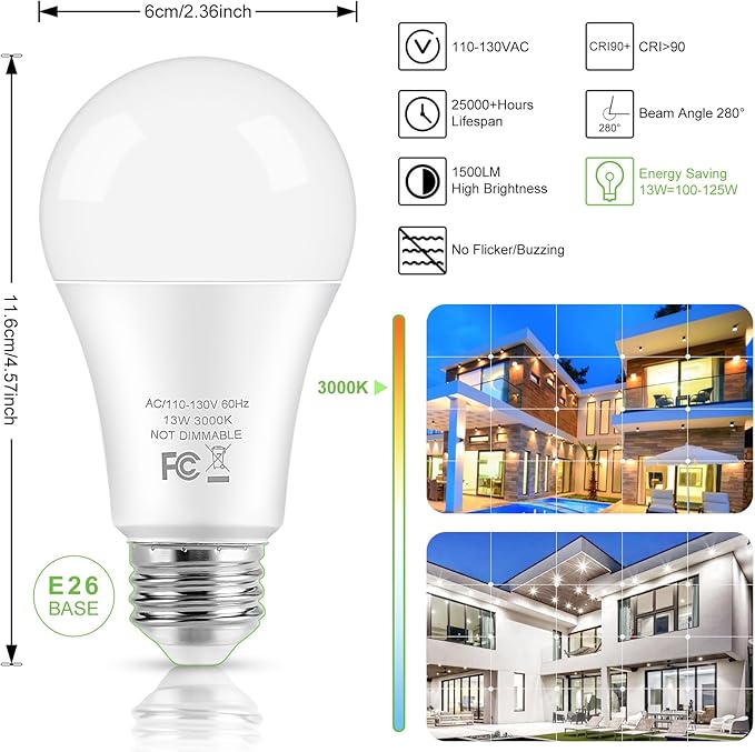 LED Light Bulbs, 100 Watt Equivalent A19 LED Bulbs, 13W 4000K Neutral White 1500 Lumens Non-Dimmable Bright E26 Edison Medium Screw Bulbs for Home Bedroom Kitchen Living Room Office Lamp, 10-Pack