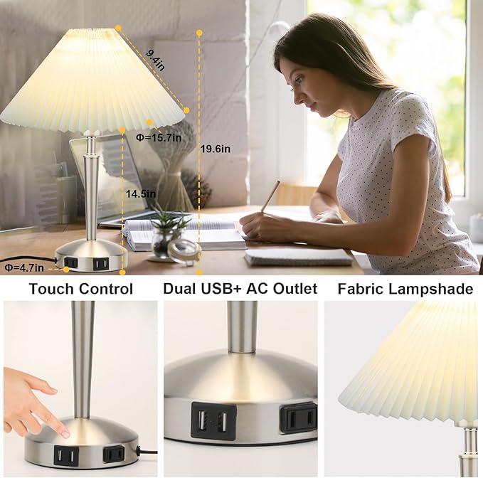 Touch Bedside Table Lamp - Modern Small Lamp for Bedroom Living Room Nightstand, Desk lamp with Fabric Lamp Shade, Warm LED Bulb, 3 Way Dimmable, Simple Design Mother's Day Gifts (Silver)