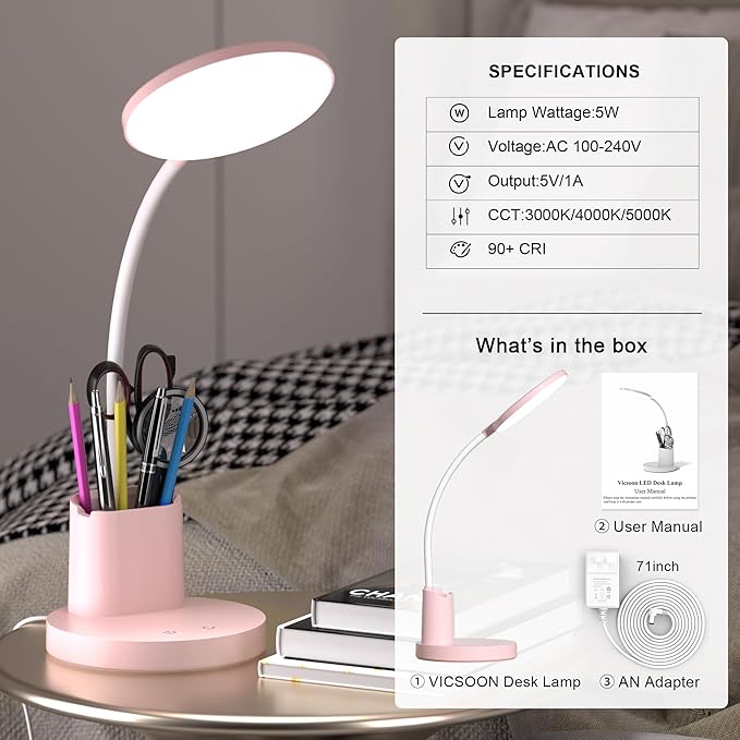 Desk Lamp, LED Desk Lamp for Home Office, Touch Table Lamp with 3 Color Modes 360° Adjustable Arm, Dimmable Desk Light with Pen Phone Holder, Pink