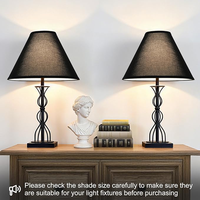 Black Lamp Shades Set of 2, 6" Top x 16" Bottom x 10.8" High, Empire Large Lamp Shades Replacement for Table Lamps Floor Lamps, Natural Linen Lampshades, Spider, Harp Holders Included, Easy Assembly