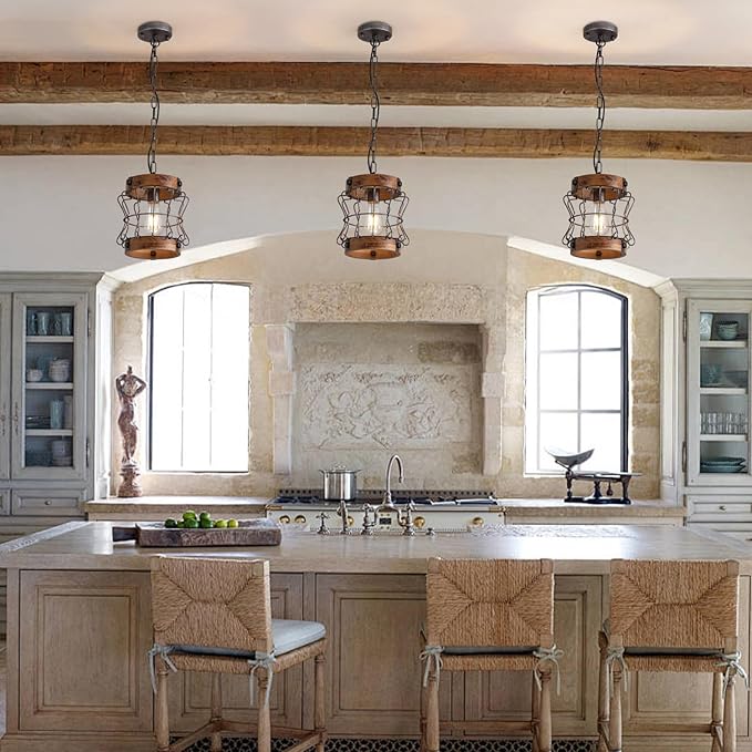 Farmhouse Chandelier Wood and Metal Rustic Light Fixtures 1-Light Round Cage Pendant Light Adjustable Height Industrial Hanging Light for Kitchen Island Hallway Bar Dining Room Entryway D 9.4" x H 9"
