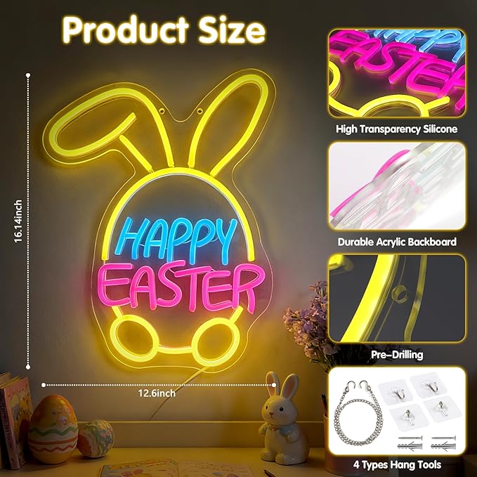 Easter Decorations LED Neon Sign - Happy Easter&Rabbit&Egg Window Lights,USB Power Neon Lamp Home Party Indoor Outdoor Wall Bunny Decor,Light Up Sign for Bedroom,Easter Birthday Party Decorations