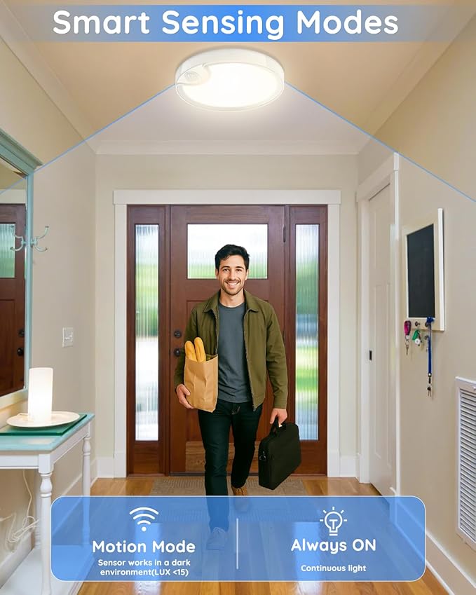 TOOWELL Rechargeable Motion Sensor Ceiling Light: Battery Operated Shower Light Waterproof, Wireless Closet Lights Indoor, Motion Sensor Lights for Closet Shower Bathroom Porch 500LM, 2 Pack