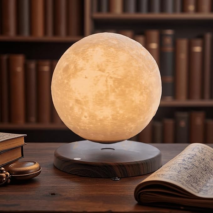NOBRAND Magnetic Levitating Moon Lamp with LED Light, Floating Moon Desk Lamp with Wooden Base, Decorative Night Light for Home Office Bedroom, White