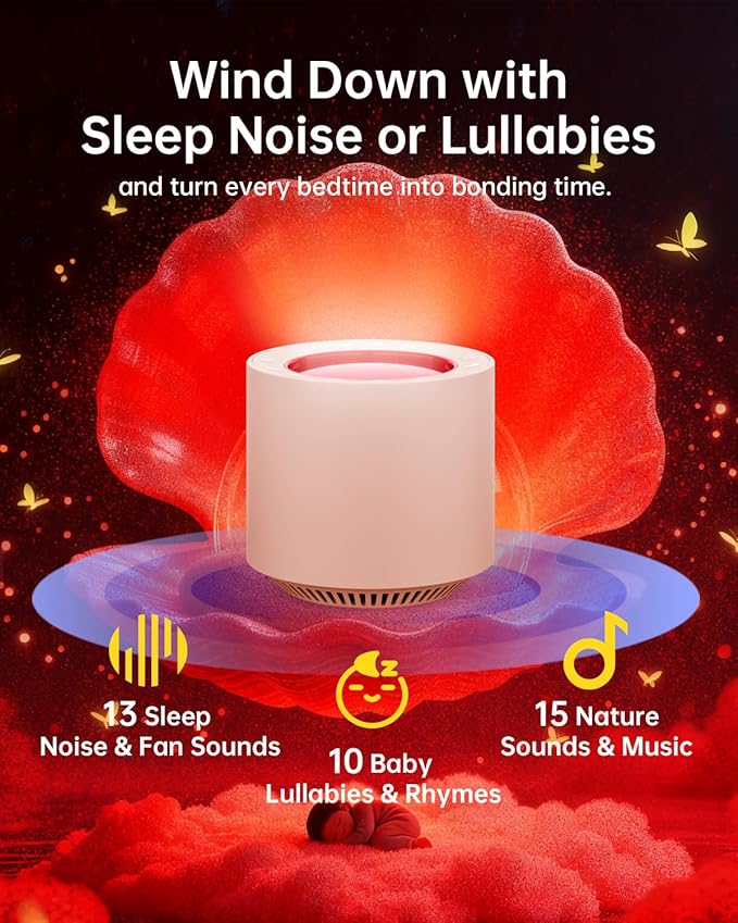Dimmable Nursery Night Light: Red Light Therapy Sleep Sound Machine with 38 Soothing Sounds & Calming Womb Soother Memory Function, White Noise Sound Machine with Timer for Baby Adult Gift (Peach)