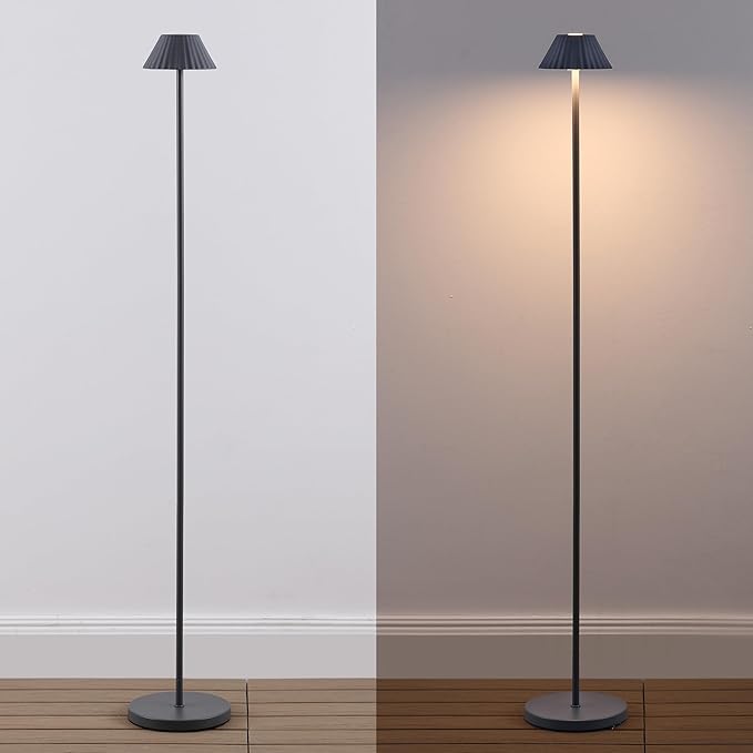 JONATHAN Y 44" Gray Modern Rechargeable Cordless LED Floor Lamp for Patio, Dimmable Minimalist Indoor Outdoor Standing Light, Pleated Iron Shade, Touch Sensor (JYL7168C)