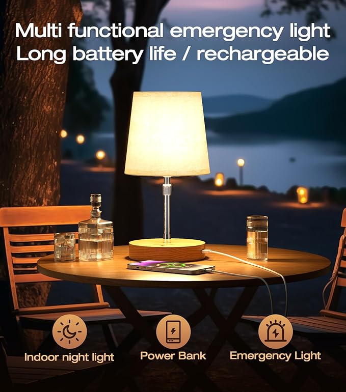 Cordless Rechargeable Lamp - 4000mAh Battery Operated Table Lamp & Power Bank, Touch Dimmable Adjustable Desk Lamp LED Night Light Portable for Patio Camping Restaurant Home, Solid Wood