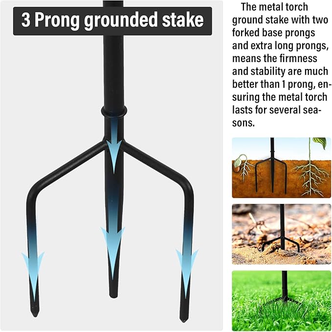 6 Pack Metal Torches for Outside, Upgraded Metal Torches with 3-Prong Grounded Stake, Extra-Large 58-Inch Citronella Torches for Party Patio Pathway (More Stable)