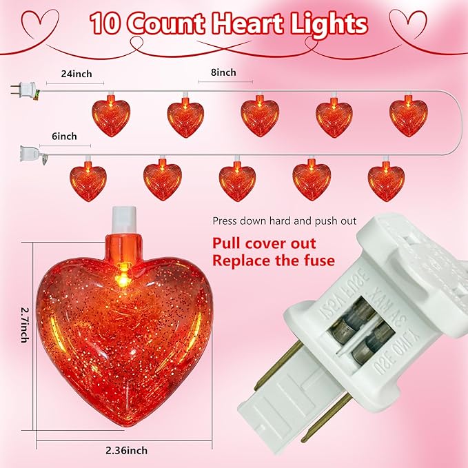8.5Ft Valentines Day Lights,Heart Lights String with 10 Pack Shiny Glitter Red 3D Heart Lights,Plug in Valentine Light for Indoor Outdoor Valentine's Day Party Wedding Anniversary Decor