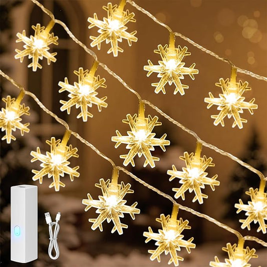 Snowflake Christmas Lights, 33FT 100 LED Rechargeable Fairy Lights Battery Operated, String Lights with 8 Modes & Timer, Twinkle Lights Indoor for Bedroom Party Home Xmas Tree Decoration Warm White