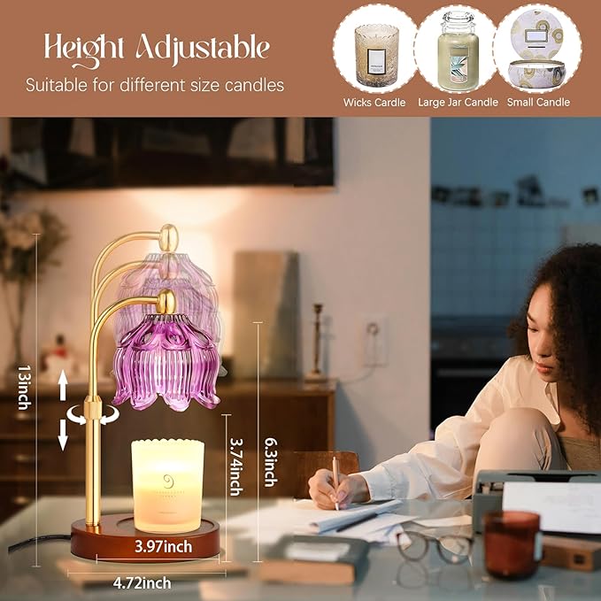 Adjustable Flower Candle Warmer Lamp with Timer, Lotus Tulip Glass Warmer Light for Jar Candles, Electric Wax Warming Melter, Gifts for Women Mom, Vintage Bedroom Decor