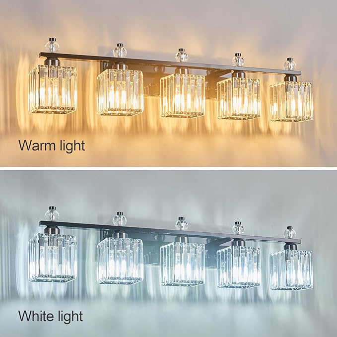 Vanity Lights 5-Light Modern Crystal Vanity Light Plating Black Bathroom Light Fixtures Over Mirror Crystal Bathroom Vanity Lighting Fixtures