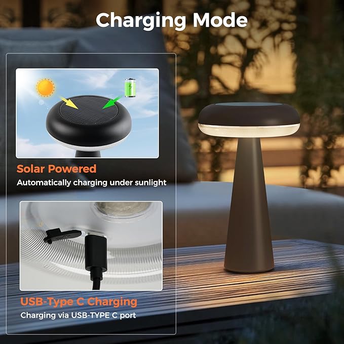 Solar Yard Solar Table Lamp Outdoor Water-Resistant, Cordless USB Table Lights for Patio, 3 Lighting Modes Solar Desk Lamp for Garden Outside Patio Bedroom Living Room, Black