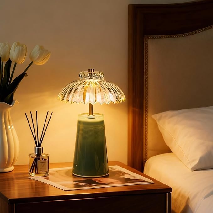 MJ PREMIER Cordless Lamp, Battery Operated Lamp with Timer, Crystal Glass Flower Lampshade, Small Table Lamps, Decorative Led Light for Bedroom Living Room Shelf (L-Green)