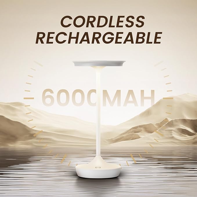 LED Cordless Table Lamp Rechargeable-Portable Battery Operated Lamps, 3 Color Touch Dimming Waterproof Light for Patio/Restaurant/Dining/Outdoor(White)
