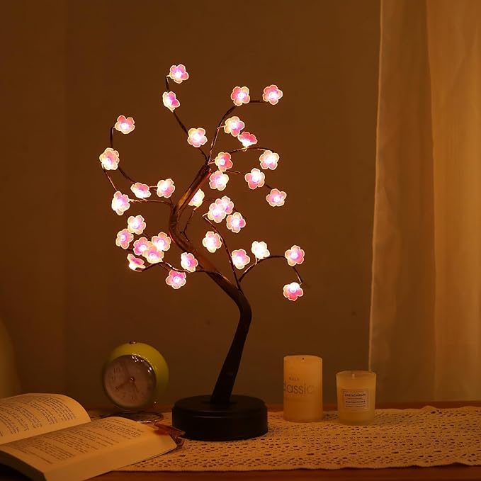 Meonua Cherry Blossom Tree Lamp, 18inch 36 Led Bonsai Tree Lights, Battery/USB Operated Japanese Decor Night Lights for Bedroom Home Idea(Warm White)
