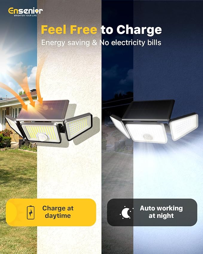 Ensenior Motion Sensor Outdoor Lights, 220 LED IP65 Waterproof Solar Security Light with Remote Control, 3 Heads Solar Flood Light Outdoor with 4 Modes, 270° Wide Angle Motion Light for Outside -2Pack