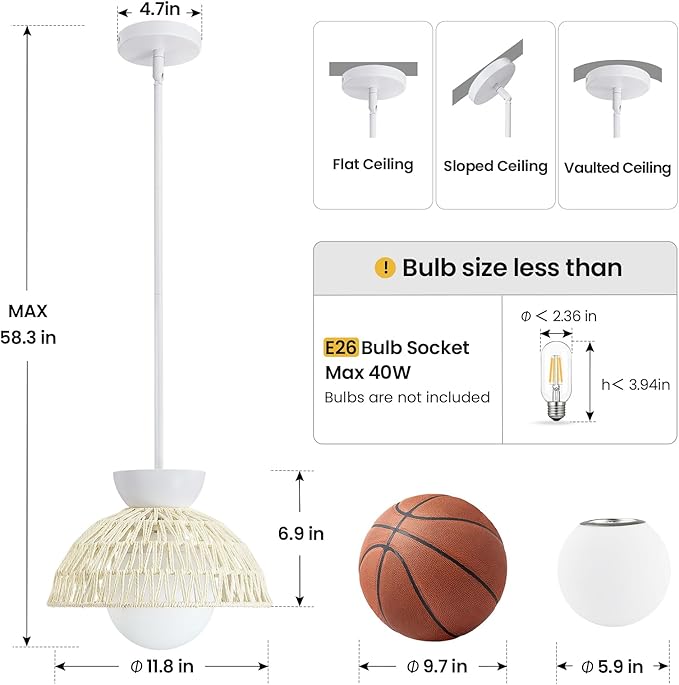 Pendant Light Kitchen Island - 11.8" Rattan Dining Room Light Fixtures over Table Hand-Woven Boho Pendant Light Fixtures with Milk Glass Globe, Adjustable Hanging Light for Bedroom Entryway Foyer