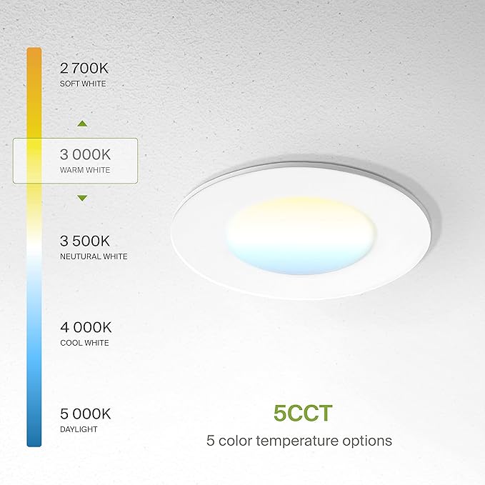 ASD 6 Pack 3 Inch LED Recessed Light 6W, 5 CCT 2700K-5000K CRI90+, IC Rated Ultra Thin Dimmable Ceiling Lights with J Box, Canless Wafer Downlight, Round Slim Panel Lighting, UL Energy Star, White