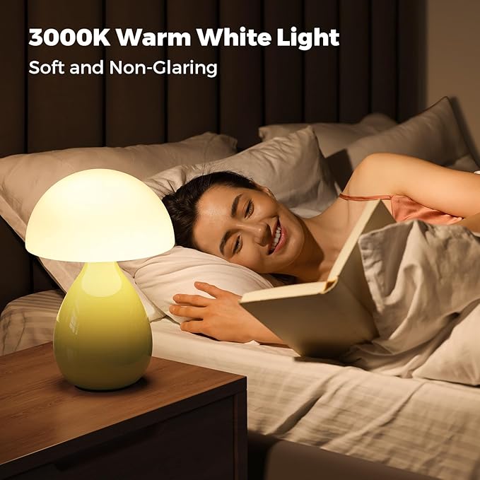 Mushroom Lamp, Vintage Small Table Lamp for Bedroom, Ice Crack Ceramic LED Night Light for Kids, Mid Century Modern Bedside Lamp for Nightstand, Living Room, Home Decor Gift Ideas for Women, Yellow