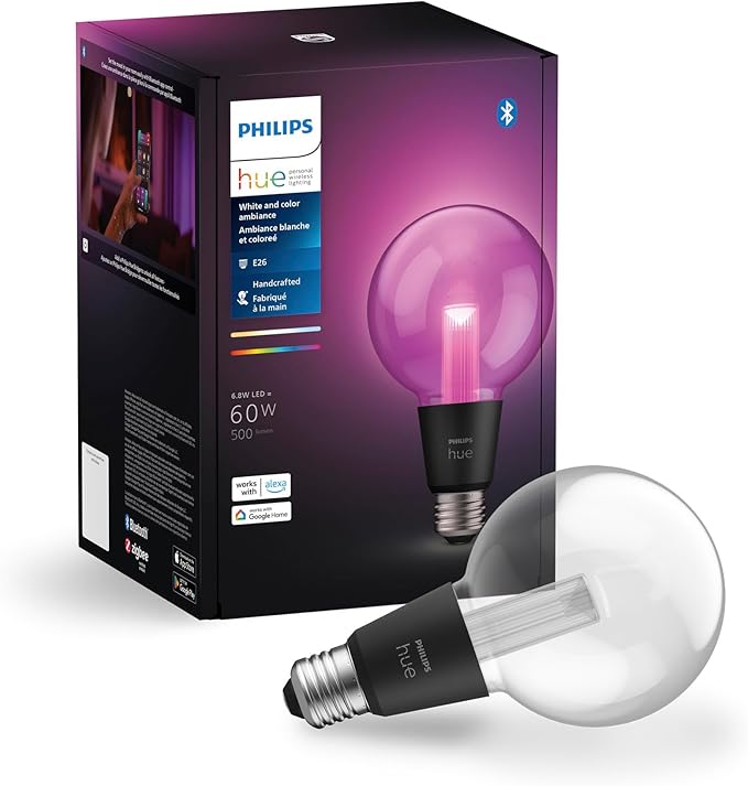 Philips Hue Lightguide G30 Small Globe Smart LED Bulb – Handblown Glass - Color Changing Light - Compatible with Amazon Alexa, Apple HomeKit and Google Assistant - Bluetooth and Hue Bridge Compatible