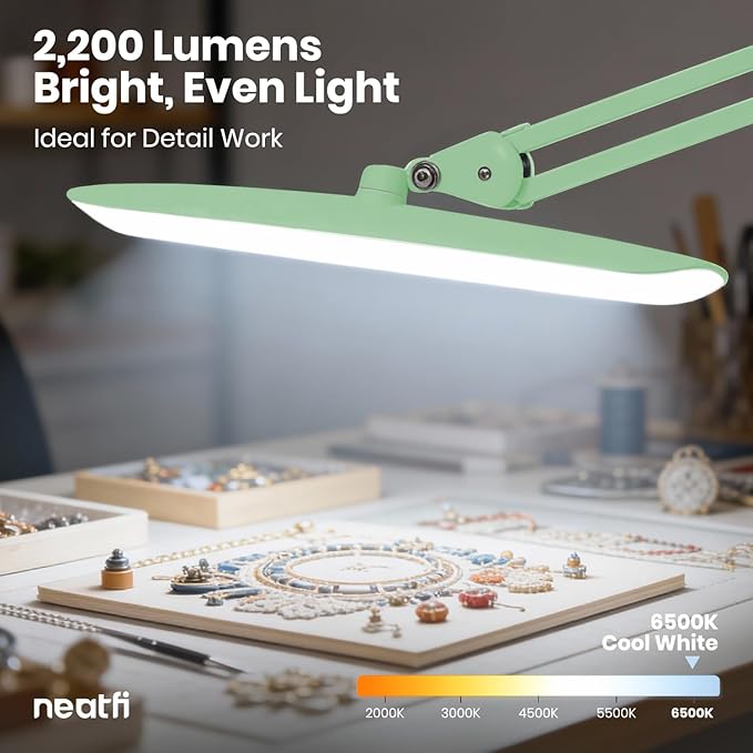 Neatfi XL LED Desk Lamp with Clamp, 2200 Lumens, 24W, 20-Inch Wide Head, Dimmable 4 Brightness Levels, Task Light for Home Office, Crafts, Workbench (Non-CCT, Midnight Green)