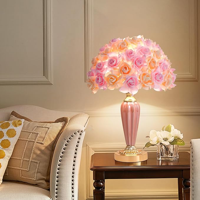 Pink Flowers Lamp Fabric Flower Bedside Lamp Romantic Rose Bouquet Table Lamp for Wedding Decor Girl Bedroom Valentines Dating Living Room Hotel Office