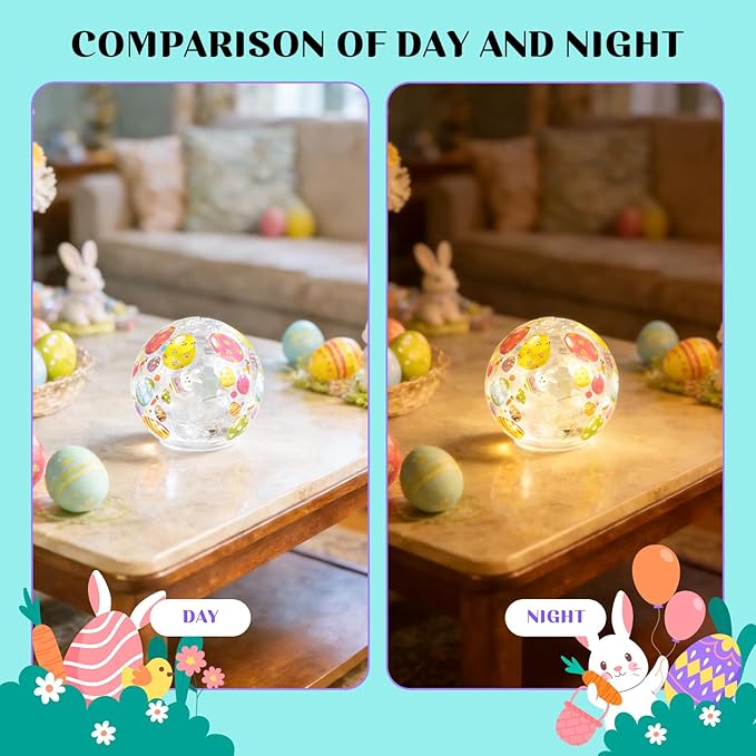 2PCS Easter Glass Ball Lights, 3.93'' Easter Egg Bunny Crackle LED Lights Decorations, Lighted Glass Ball Tabletop Sphere Lamp Decorative Battery Operated for Holiday Indoor Party Table Decor