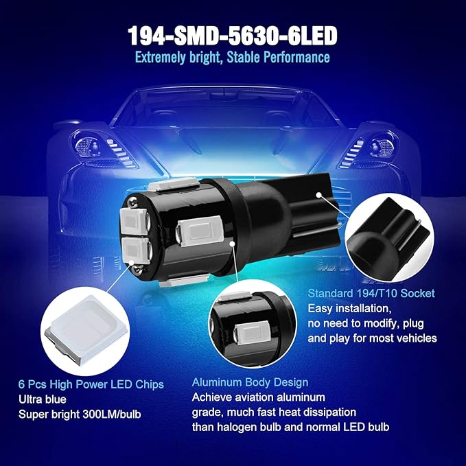 194 LED Bulbs Extremely Bright Ultra Blue 5630 Chipsets 168 2825 175 T10 W5W LED Replacement Bulbs for Car Interior Dome Map Door Courtesy Trunk License Plate Lights(Pack of 10)