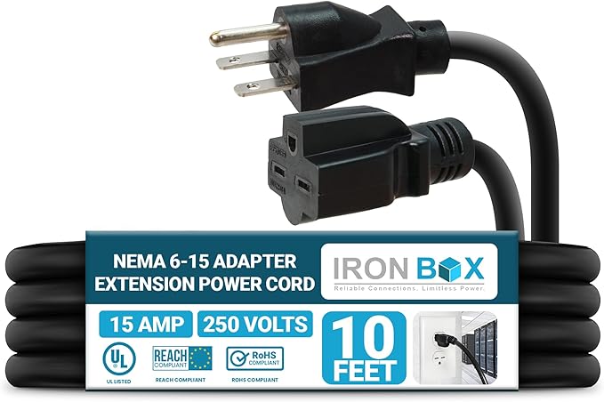IronBox Electric - NEMA 6-15 Adapter Extension Power Cord - Rated for 15A/250V - 14 AWG Jacket - Heavy Duty Extension Cable - Weatherproof Design - Ideal for Indoor and Outdoor Use (10 feet, Molded)