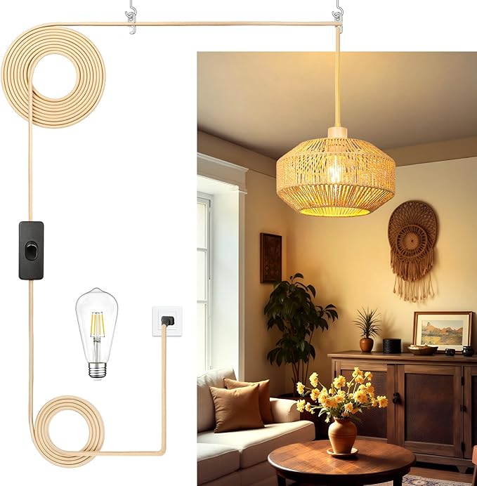 Rattan Pendant Light Plug in - 15ft Hanging Lamp Cord with Switch, Boho Hanging Light Fixture, Handwoven Boho Lamp for Living Room, Bedroom, Kitchen Island, Hallway (3 Brightness Levels)