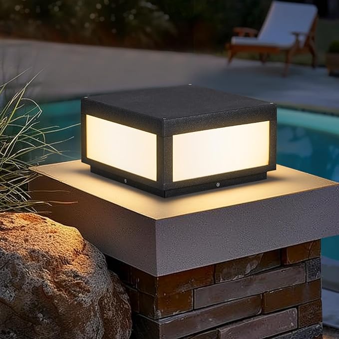 Outdoor Modern Post Light,11.8" Square Column Lamp LED Fence Post Caps Lights High Voltage Wired 3000K Luxury LED Lighting Outside with Waterproof E26 Bulb for Patio Deck Garden Decoration