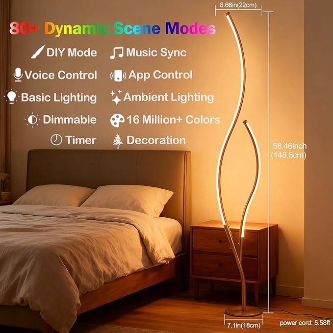 DAYCENT RGBWIC Floor Lamp Modern LED Corner Lamps 1500 Lumen Smart Floor Lamps with Remote and 16 Million DIY Colors, Music Sync Standing Lamp for Living Room Bedroom Home Decor, Gold Finish