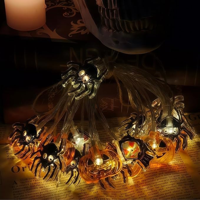 Halloween String Lights 9.8FT 20 LED Battery Powered Outdoor Decor, Pumpkin Mummy Skull Spider Designs, 2 Lighting Modes Halloween Lights Indoor for Yard Party Decoration(Style A)