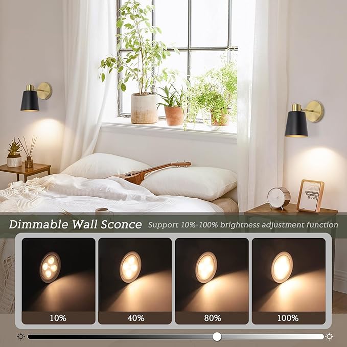 Battery Operated Wall Sconce, Modern Wireless Sconces Set of 2, Cordless Wall Decor Battery Powered Wall Light with Remote Control, Vintage Black and Gold Wall Lamp for Living Room Bathroom Hallwa