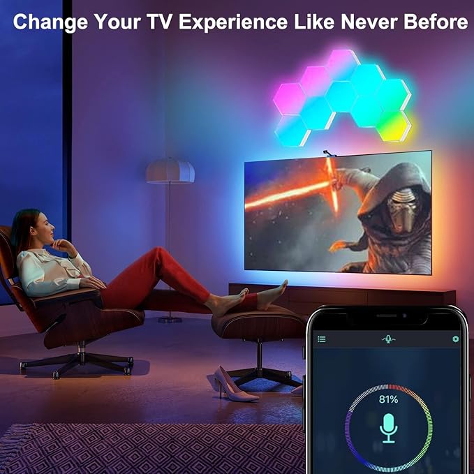 Gaming LED Hexagon Lights, Smart Hexagon Wall Lights App and Remote Control, LED Light Panels for Wall Music Sync, DIY Geometry RGB Gaming Room Decor for Living Bedroom Streaming, 7 Panels