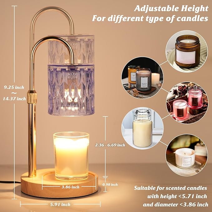 Candle Warmer Lamp with Timer and Dimmer, Height and Brightness Adjustable,Glass Electric Wax Warmer with 2 Bulbs for Women Mom Gifts, Home Decor for Scented Jar Candles (Purple)