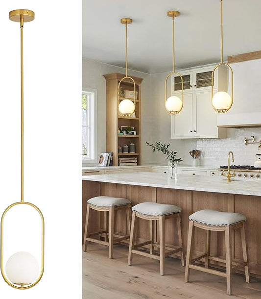 Yunnix Pendant Lights Kitchen Island Modern Gold Globe Pendant Light Mid Century Light Fixture Milk Glass Pendant Lights for Bedroom Dining Room Brushed Brass with One Light (Bulb Not Included)