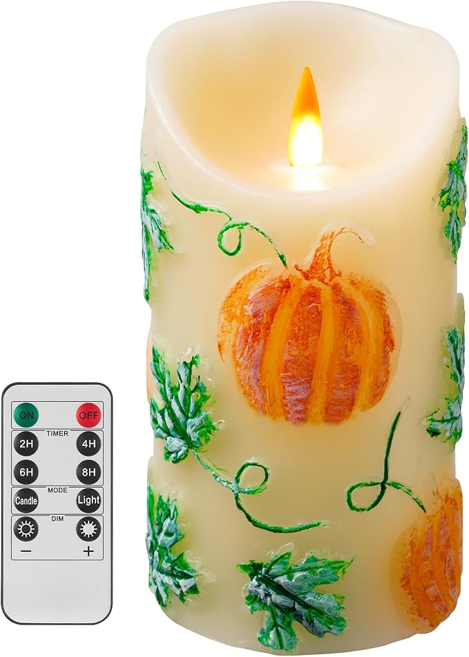 Halloween Pumpkin Flameless LED Candle - Realistic Flickering Flame - Battery Making Candle with Remote Control Timer - Real Wax - Unscented - Home - Holiday Decoration (3"x6")