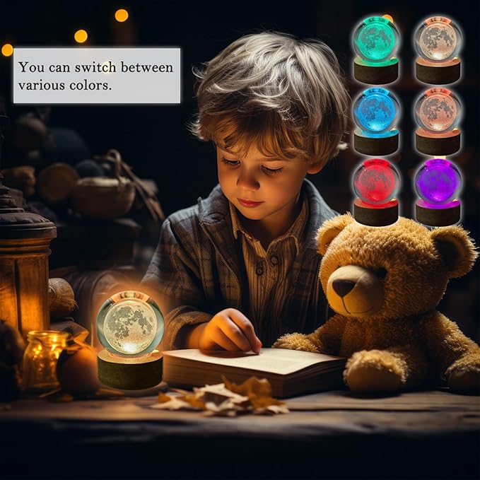 3D Moon Crystal Ball 3.15" With LED Lamp Colorful Wooden Base Night Light, Removable Glow Color Changing Light With Remote for Boy Friends (3-Moon)