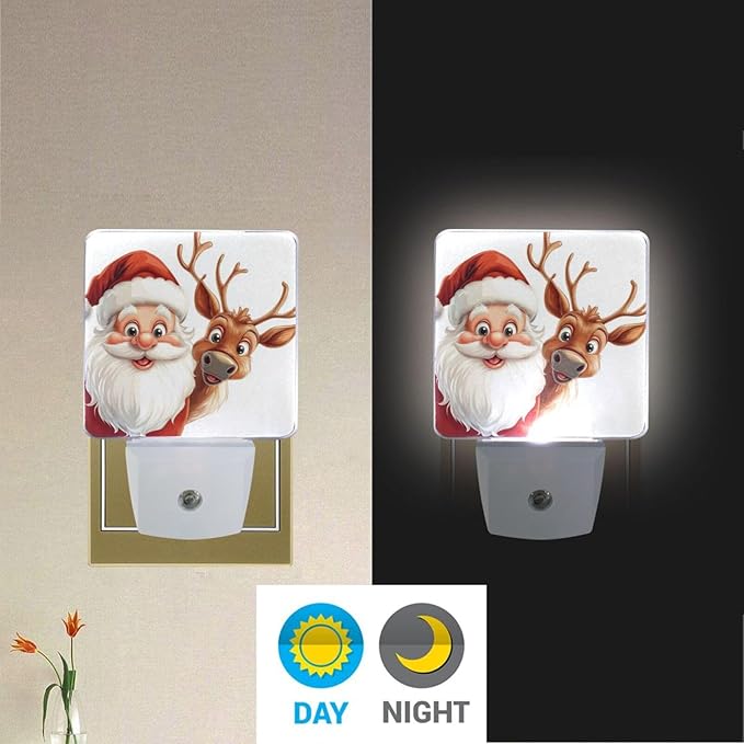 Christmas Night Light Cartoon Santa and Reindeer 2 Pack Dusk to Dawn Sensor Led Lamp for Women Men Night Lights Plug into Wall Decor for Bedroom Kitchen Bathroom Corridor, 0.5W