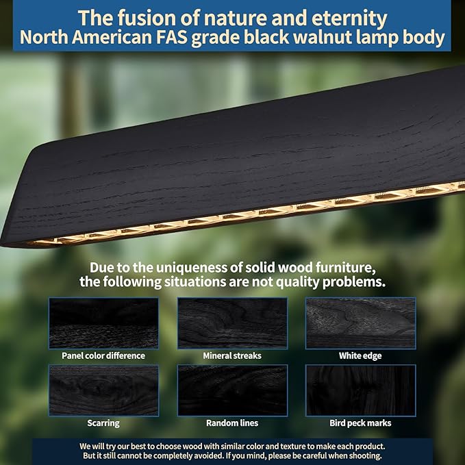Wood Linear Pendant Light, Dimmable Kitchen Island Lighting with Remote, 30W LED Island Lights for Kitchen, Adjustable Linear Chandelier for Dinning Room Light Fixture (Black, 45inch)