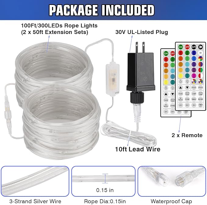 OMIKA 100FT 300 LED Connectable Rope Lights, 24 Color Changing Outdoor String Lights Plug in with Remote, Extendable IP68 Waterproof Fairy Lights for Outside Garden Patio Deck Bedroom Christmas Decor