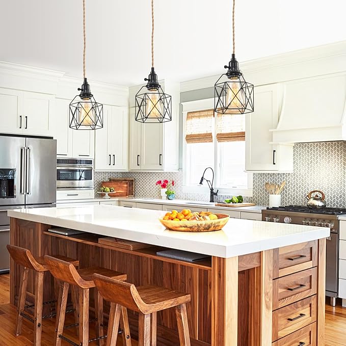 3-Light Hanging Light with Plug in Cord,Plug in Pendant Light Hemp Rope Pendant Lighting Vintage 3-Light Hanging Lamp Fixtures for Kitchen Island Living Room Bedroom