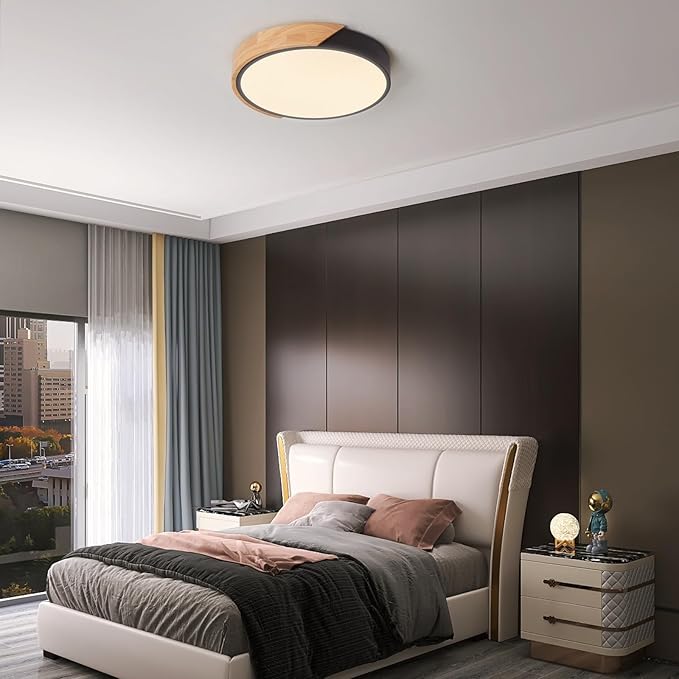 LED Ceiling Lights, 12 Inch Black Modern Flush Mount Lighting Fixture,Round Shaped Wood Ceiling Lighting,30W,3000K Warm Light